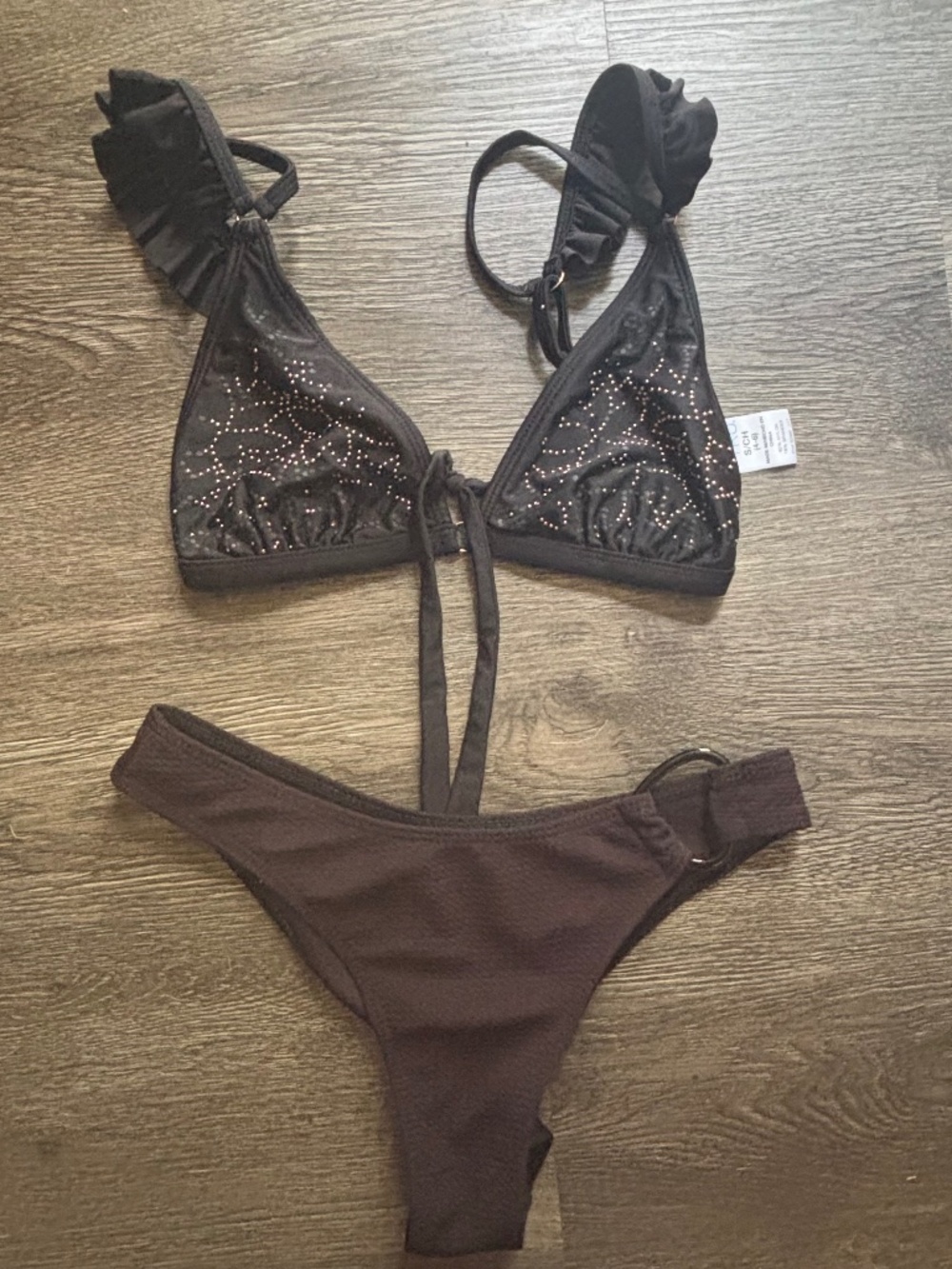 Black gold floral bikini thong ruffle straps chic bedazzled mcbling Y2K 00s